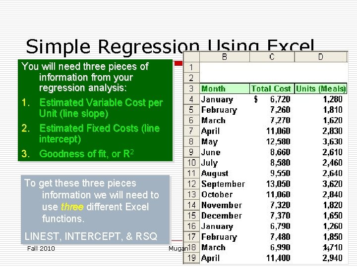 Simple Regression Using Excel You will need three pieces of information from your regression