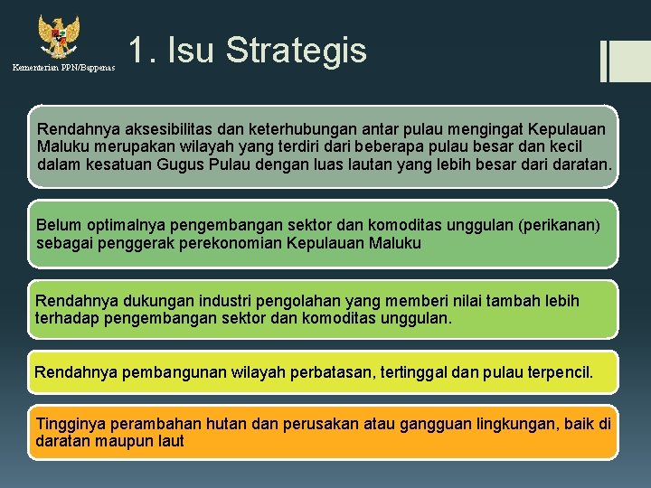 Kementerian PPN/Bappenas 1. Isu Strategis Rendahnya aksesibilitas dan keterhubungan antar pulau mengingat Kepulauan Maluku