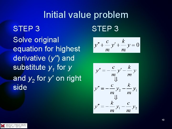 Initial value problem STEP 3 Solve original equation for highest derivative (y'') and substitute