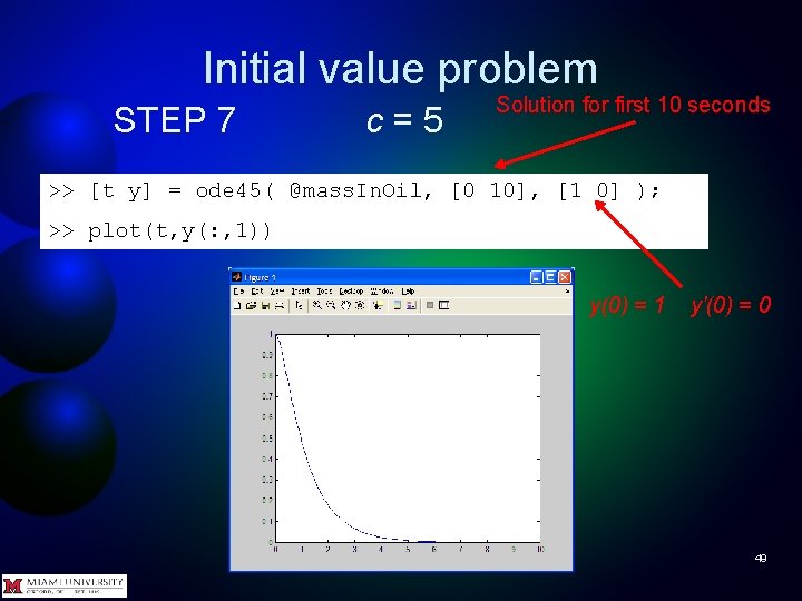 Initial value problem STEP 7 c=5 Solution for first 10 seconds >> [t y]