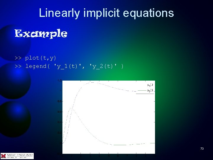 Linearly implicit equations Example >> plot(t, y) >> legend( 'y_1(t)', 'y_2(t)' ) 73 