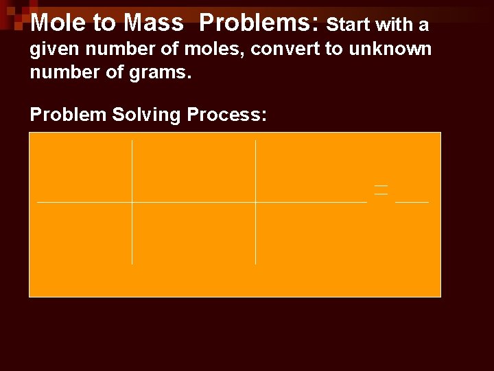 Mole to Mass Problems: Start with a given number of moles, convert to unknown