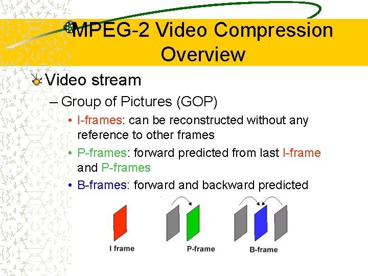 MPEG-2 Video Compression Overview Video stream – Group of Pictures (GOP) • I-frames: can