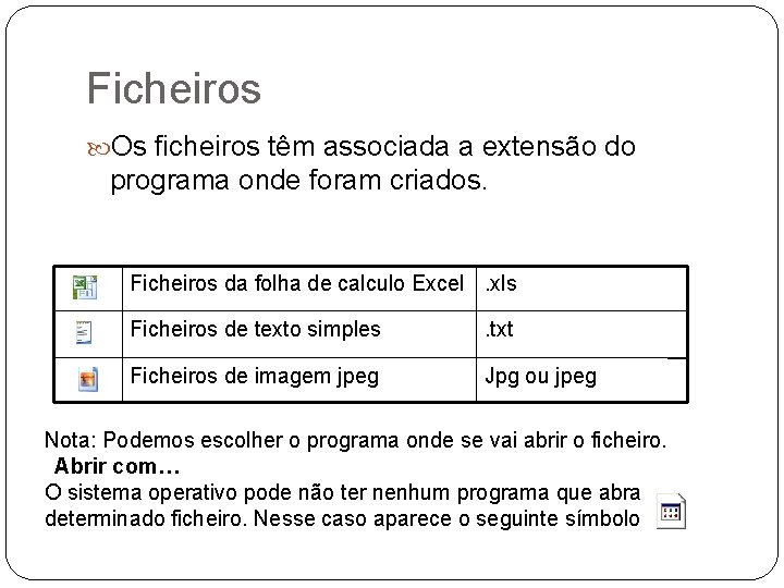 Ficheiros Os ficheiros têm associada a extensão do programa onde foram criados. Ficheiros da