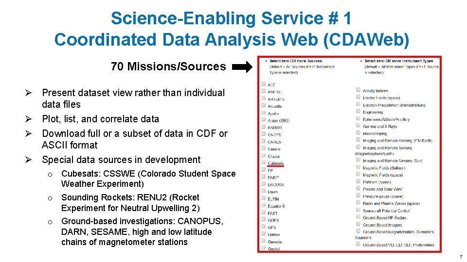 Science-Enabling Service # 1 Coordinated Data Analysis Web (CDAWeb) 70 Missions/Sources Ø Present dataset