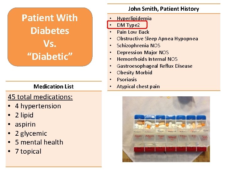Patient With Diabetes Vs. “Diabetic” Medication List 45 total medications: • 4 hypertension •