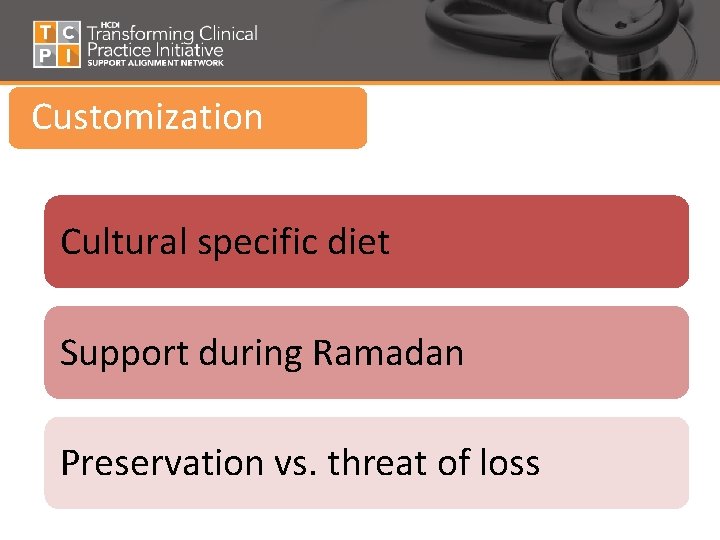 Customization Cultural specific diet Support during Ramadan Preservation vs. threat of loss 