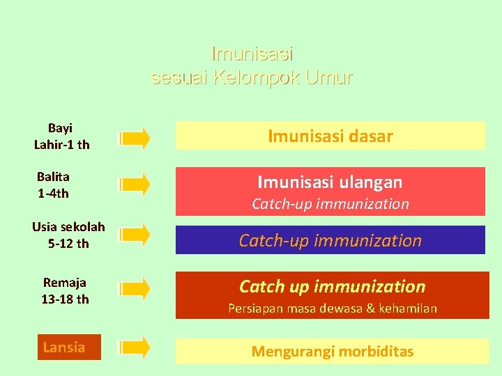 Imunisasi sesuai Kelompok Umur Bayi. Lahir-1 th Balita 1 -4 th Imunisasi dasar Imunisasi