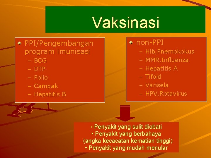 Vaksinasi PPI/Pengembangan program imunisasi – – – BCG DTP Polio Campak Hepatitis B non-PPI