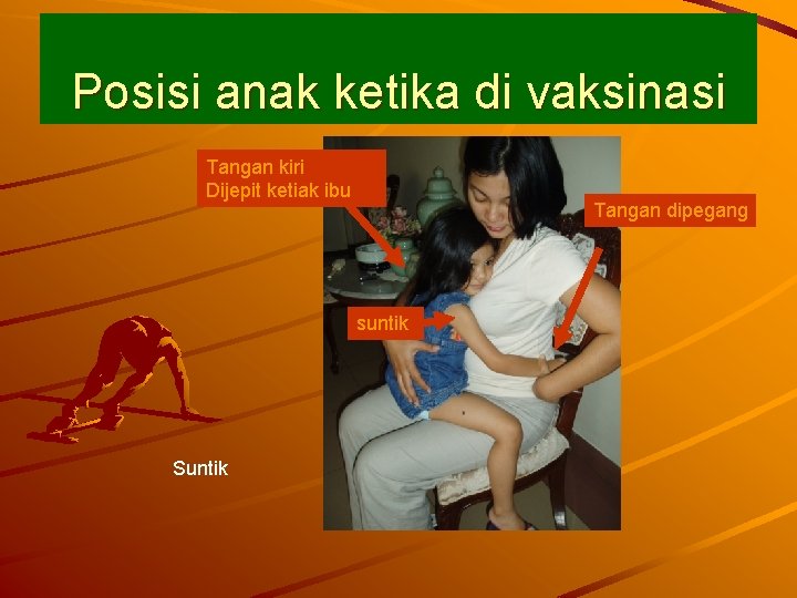 Posisi anak ketika di vaksinasi Tangan kiri Dijepit ketiak ibu Tangan dipegang suntik Suntik