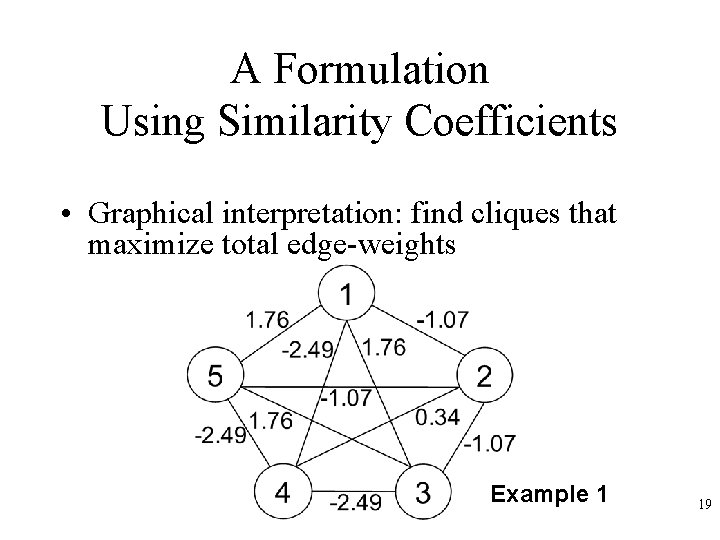 A Formulation Using Similarity Coefficients • Graphical interpretation: find cliques that maximize total edge-weights