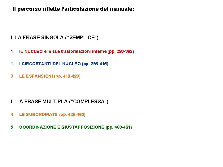 Il percorso riflette l’articolazione del manuale: I. LA FRASE SINGOLA (“SEMPLICE”) 1. IL NUCLEO