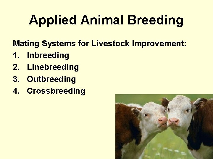 Applied Animal Breeding Mating Systems for Livestock Improvement: 1. Inbreeding 2. Linebreeding 3. Outbreeding