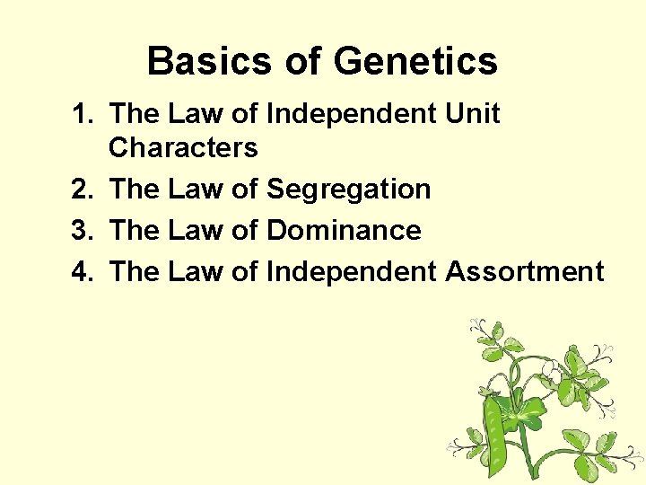 Basics of Genetics 1. The Law of Independent Unit Characters 2. The Law of