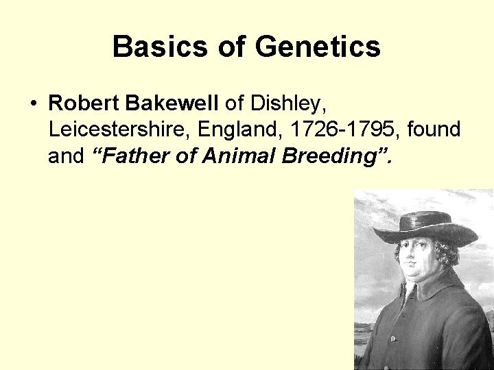 Basics of Genetics • Robert Bakewell of Dishley, Leicestershire, England, 1726 -1795, found and