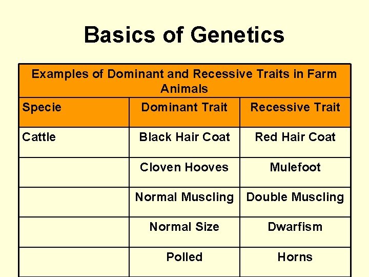 Basics of Genetics Examples of Dominant and Recessive Traits in Farm Animals Specie Dominant