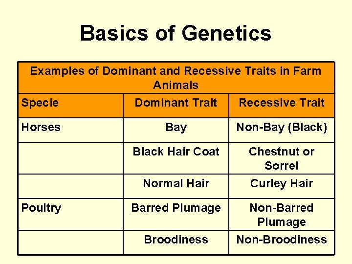 Basics of Genetics Examples of Dominant and Recessive Traits in Farm Animals Specie Dominant