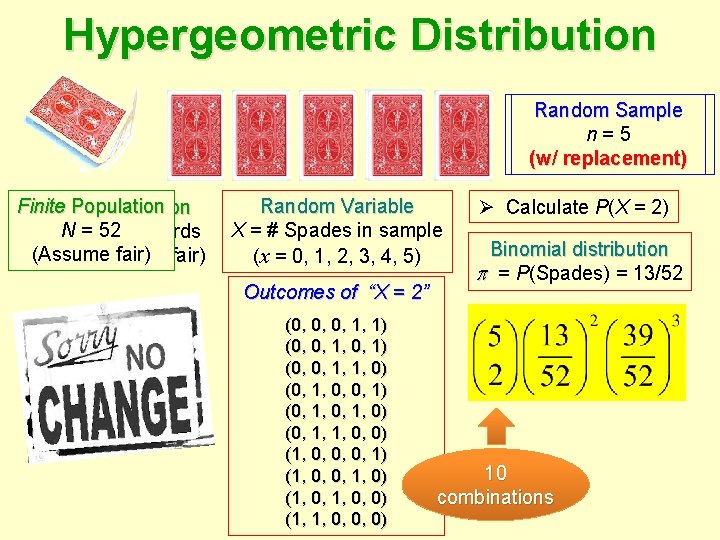 Hypergeometric Distribution Random Sample n=5 (w/ or replacement) w/o replacement) (w/ Finite Population Infinite