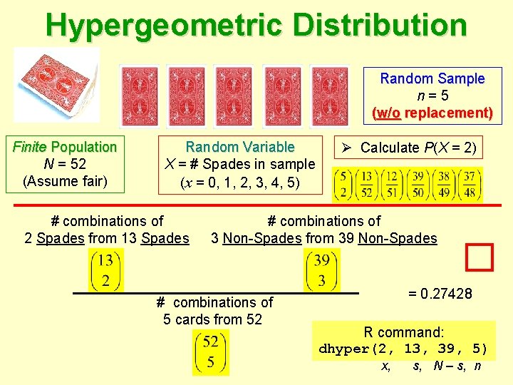 Hypergeometric Distribution Random Sample n=5 (w/o replacement) Finite Population N = 52 (Assume fair)