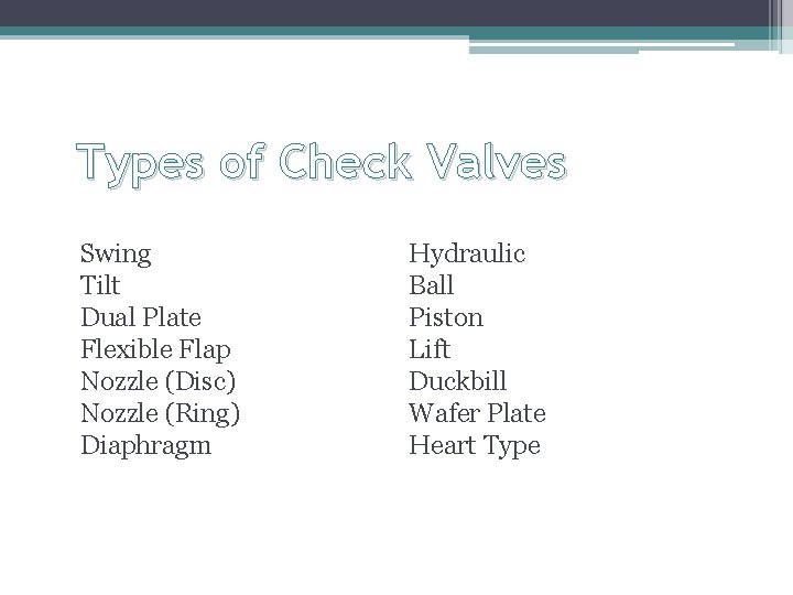 Types of Check Valves Swing Tilt Dual Plate Flexible Flap Nozzle (Disc) Nozzle (Ring)