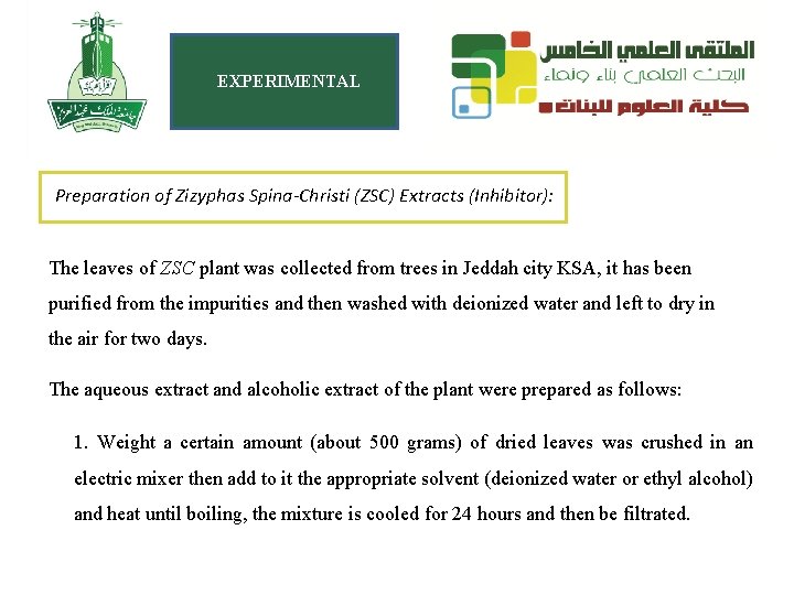 EXPERIMENTAL Preparation of Zizyphas Spina-Christi (ZSC) Extracts (Inhibitor): The leaves of ZSC plant was