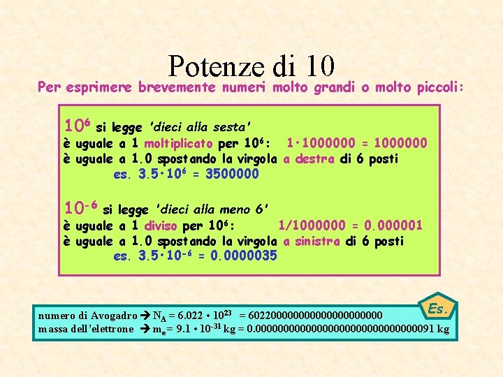 Potenze di 10 Per esprimere brevemente numeri molto grandi o molto piccoli: 106 si