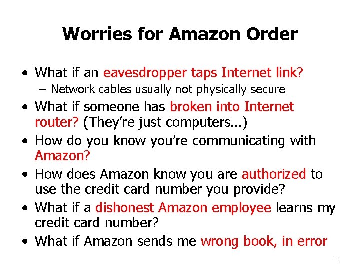 Worries for Amazon Order • What if an eavesdropper taps Internet link? – Network