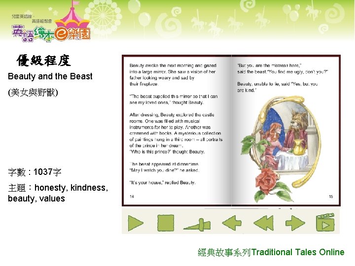 優級程度 Beauty and the Beast (美女與野獸) 字數 : 1037字 主題：honesty, kindness, beauty, values 經典故事系列Traditional