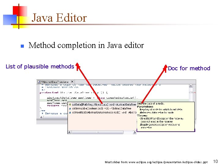 Java Editor n Method completion in Java editor List of plausible methods Doc for