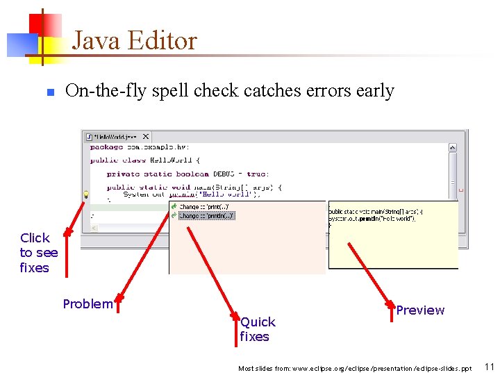 Java Editor n On-the-fly spell check catches errors early Click to see fixes Problem