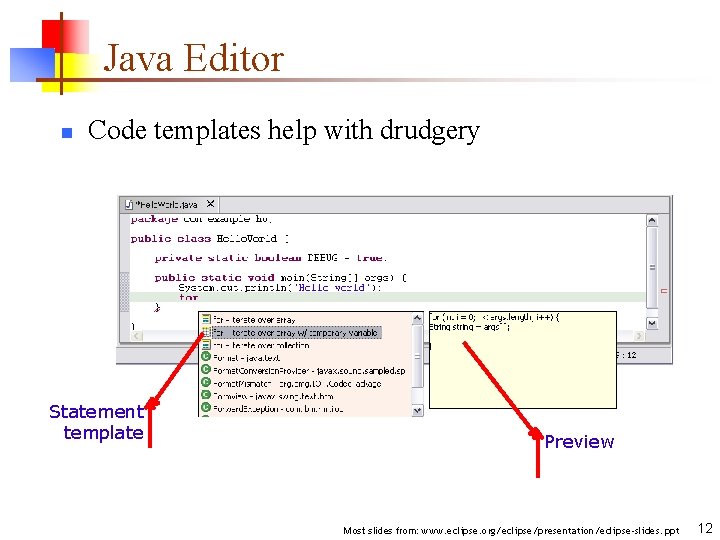 Java Editor n Code templates help with drudgery Statement template Preview Most slides from: