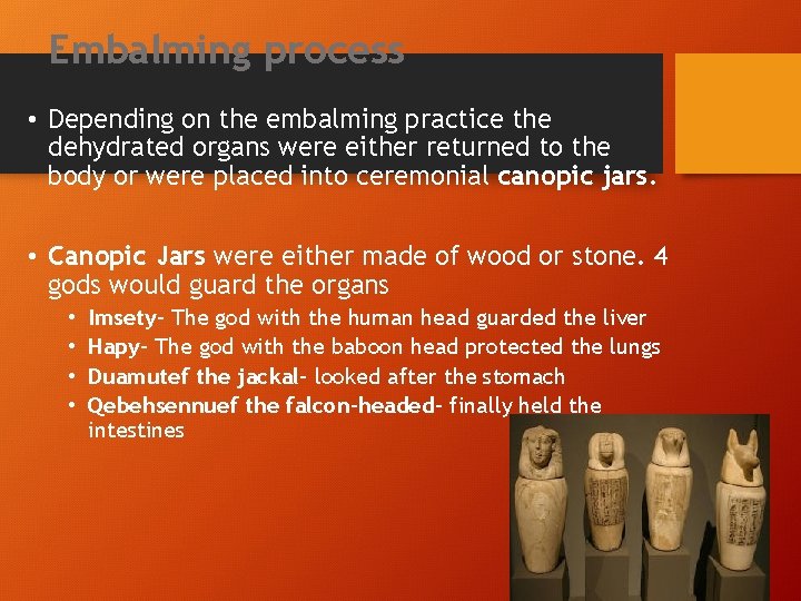 Embalming process • Depending on the embalming practice the dehydrated organs were either returned