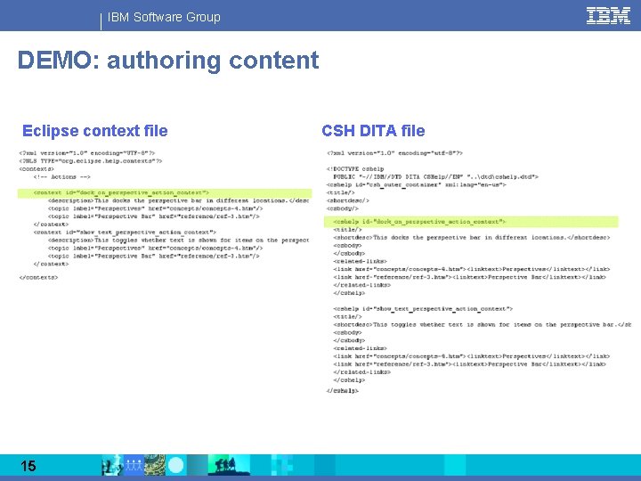 IBM Software Group DEMO: authoring content Eclipse context file 15 CSH DITA file 