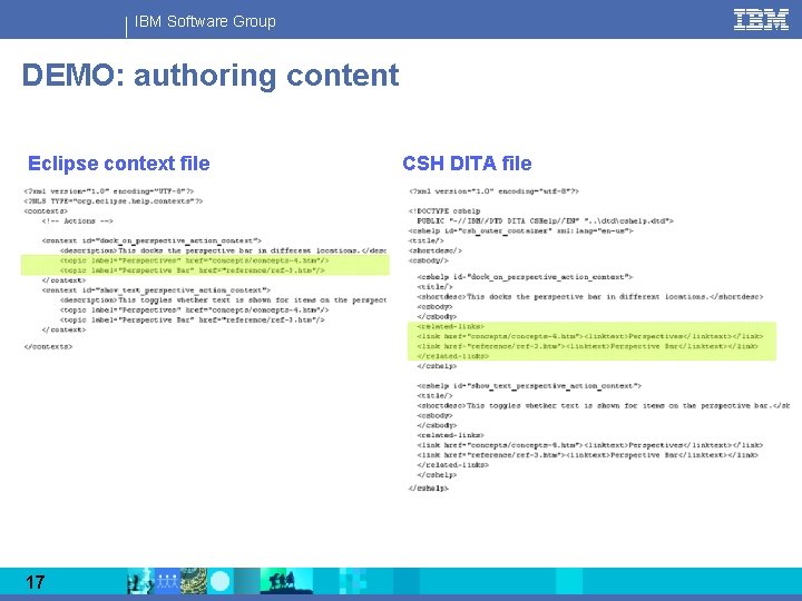 IBM Software Group DEMO: authoring content Eclipse context file 17 CSH DITA file 