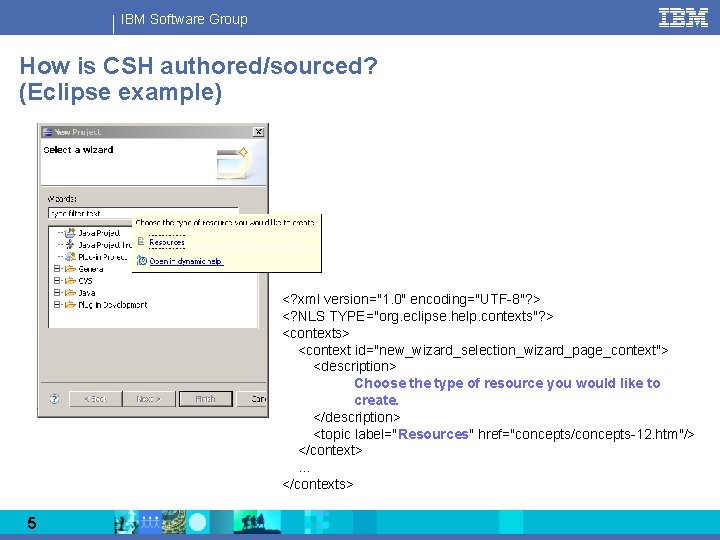 IBM Software Group How is CSH authored/sourced? (Eclipse example) <? xml version="1. 0" encoding="UTF-8"?