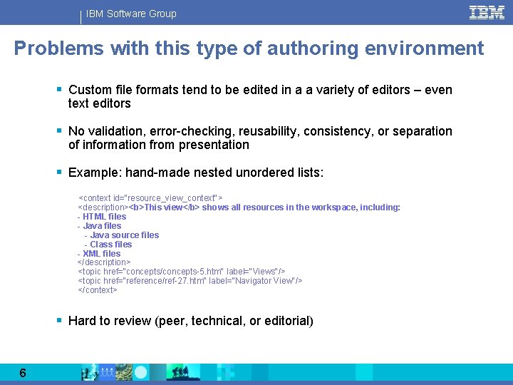 IBM Software Group Problems with this type of authoring environment § Custom file formats