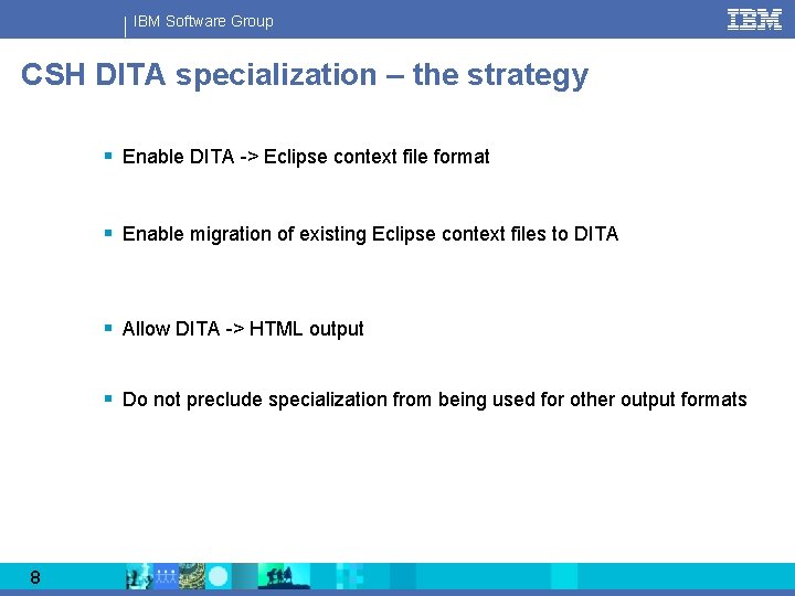 IBM Software Group CSH DITA specialization – the strategy § Enable DITA -> Eclipse