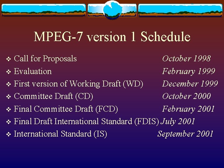 MPEG-7 version 1 Schedule Call for Proposals October 1998 v Evaluation February 1999 v