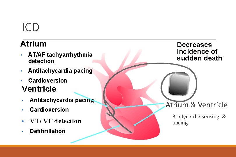 ICD Atrium • AT/AF tachyarrhythmia detection • Antitachycardia pacing • Cardioversion Decreases incidence of