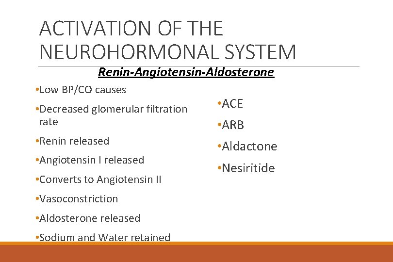 ACTIVATION OF THE NEUROHORMONAL SYSTEM Renin-Angiotensin-Aldosterone • Low BP/CO causes • Decreased glomerular filtration