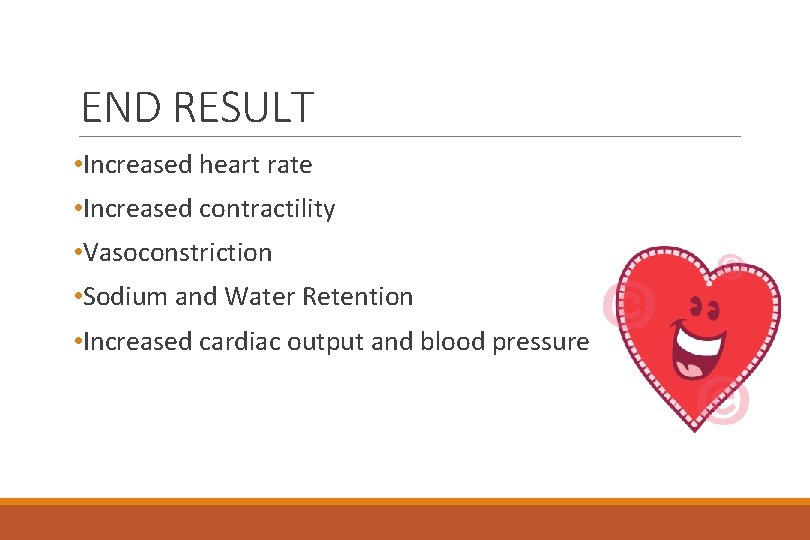 END RESULT • Increased heart rate • Increased contractility • Vasoconstriction • Sodium and