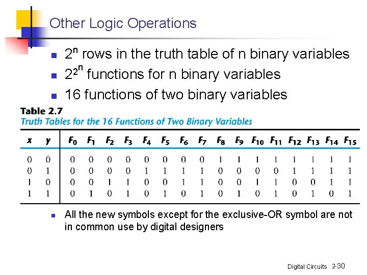 Other Logic Operations n n 2 n rows in the truth table of n