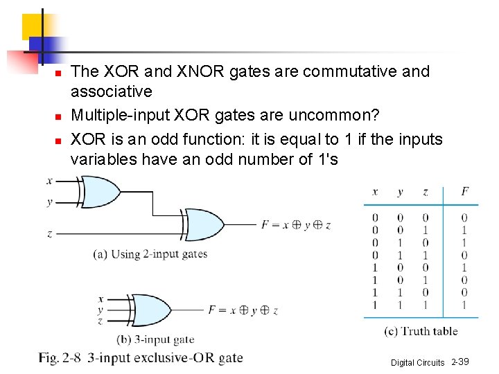 n n n The XOR and XNOR gates are commutative and associative Multiple-input XOR