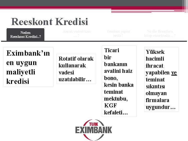 Reeskont Kredisi Neden Reeskont Kredisi. . ? Eximbank’ın en uygun maliyetli kredisi Ancak vadesi