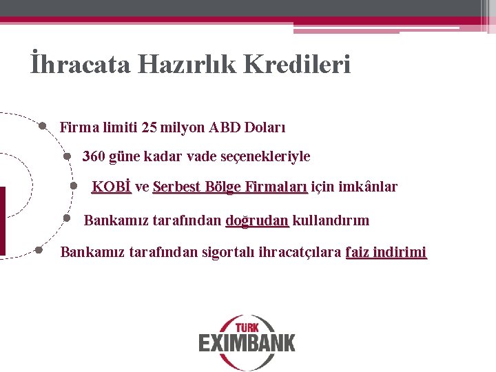 İhracata Hazırlık Kredileri Firma limiti 25 milyon ABD Doları 360 güne kadar vade seçenekleriyle