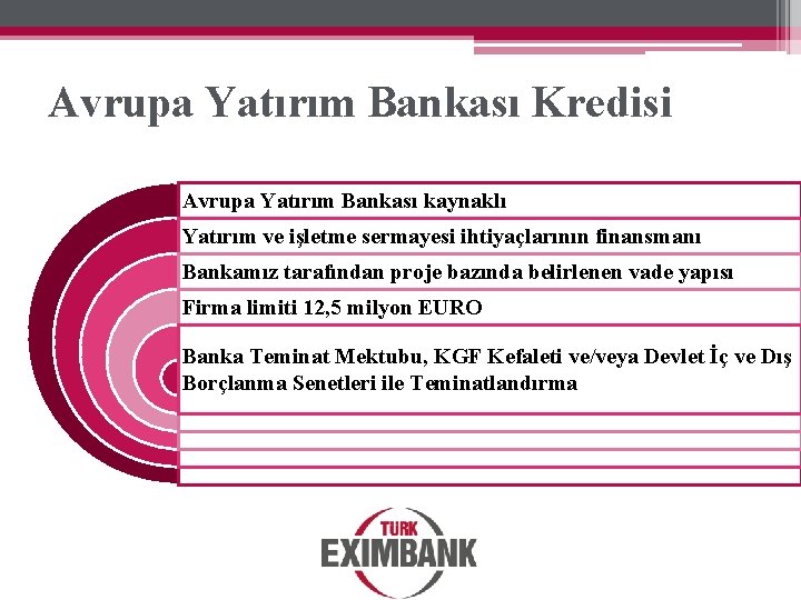 Avrupa Yatırım Bankası Kredisi Avrupa Yatırım Bankası kaynaklı Yatırım ve işletme sermayesi ihtiyaçlarının finansmanı