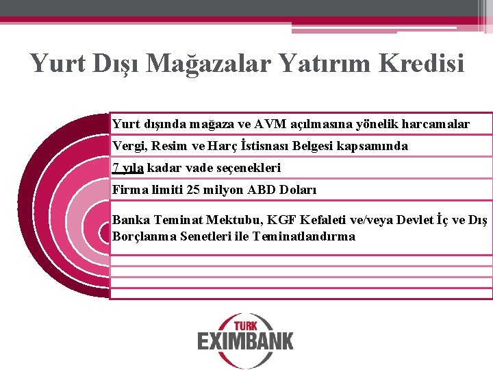 Yurt Dışı Mağazalar Yatırım Kredisi Yurt dışında mağaza ve AVM açılmasına yönelik harcamalar Vergi,