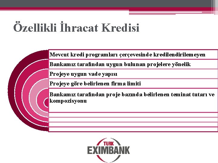 Özellikli İhracat Kredisi Mevcut kredi programları çerçevesinde kredilendirilemeyen Bankamız tarafından uygun bulunan projelere yönelik