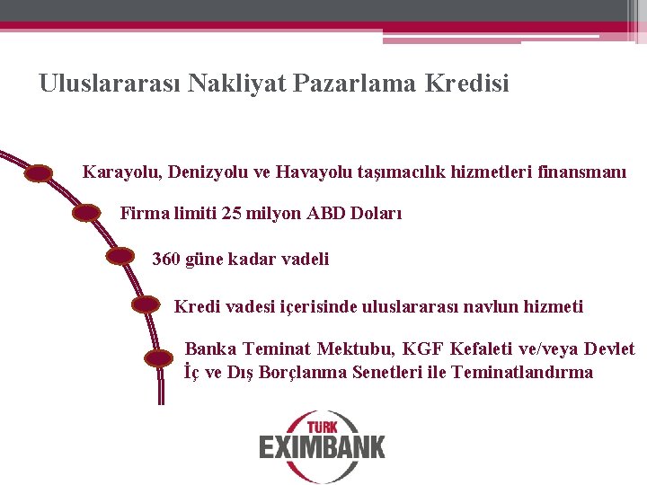 Uluslararası Nakliyat Pazarlama Kredisi Karayolu, Denizyolu ve Havayolu taşımacılık hizmetleri finansmanı Firma limiti 25