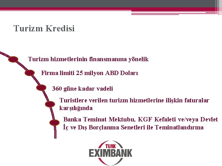 Turizm Kredisi Turizm hizmetlerinin finansmanına yönelik Firma limiti 25 milyon ABD Doları 360 güne